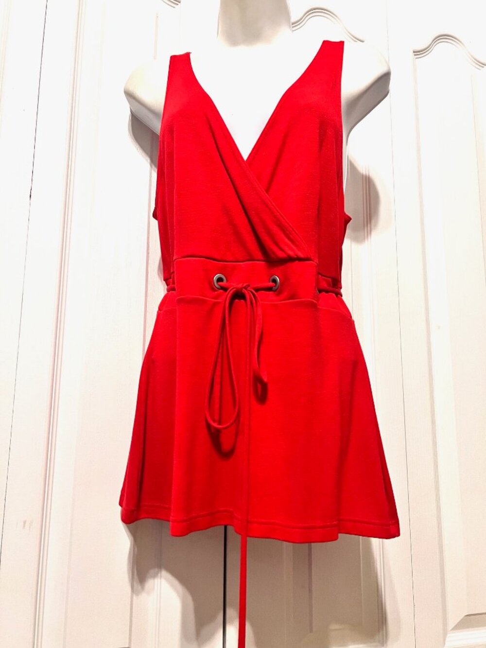 Venus Women's Red Medium Sleeveless Drawstring V Wrap Neckline Top-Casual-Stretc